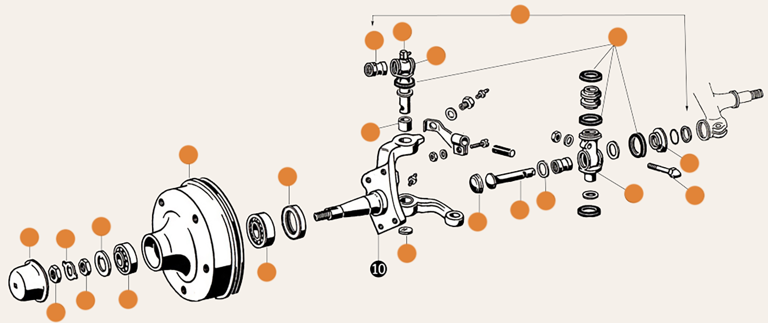 Splitscreen Front Stub Axle Drum & Bearing Parts
