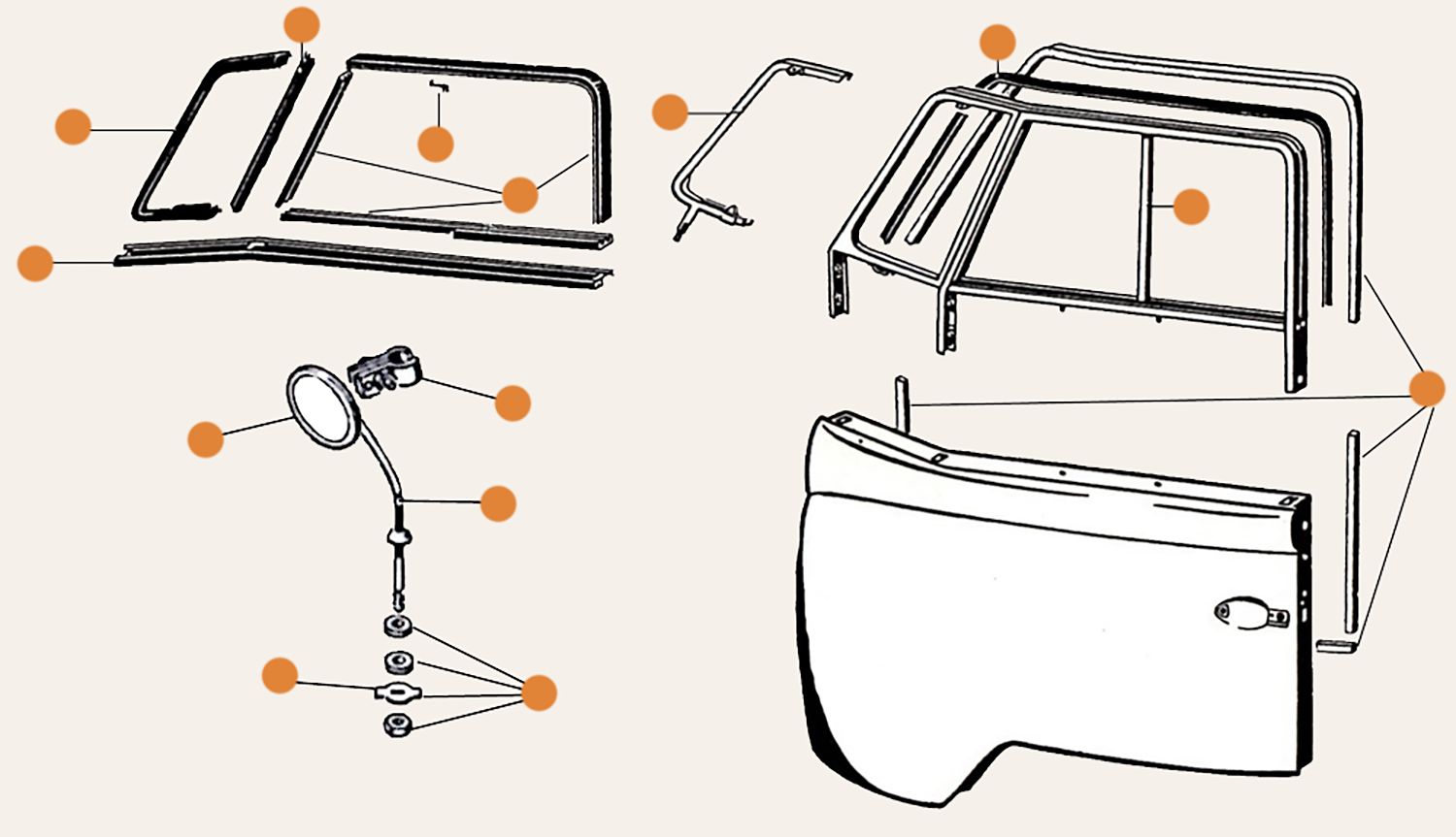 Splitscreen Cab Door Rubbers & Door Mirror Parts